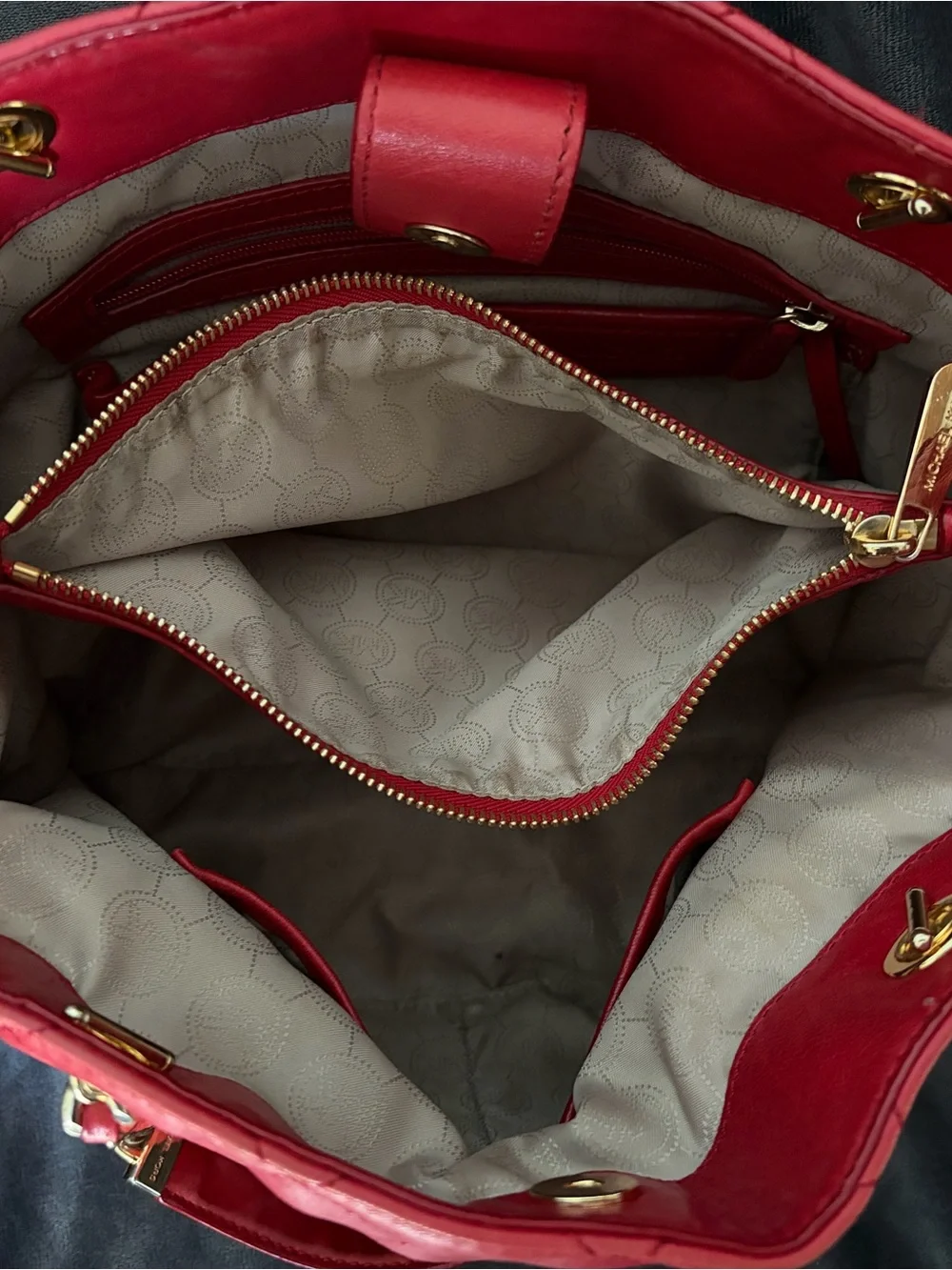 Michael Kors Quilted Red Leather Tote with Gold Chain Detail